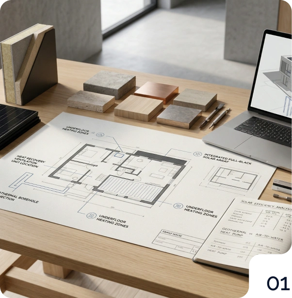 Pracovní stůl s technickými výkresy domu, vzorky materiálů a notebookem se zobrazeným projektem